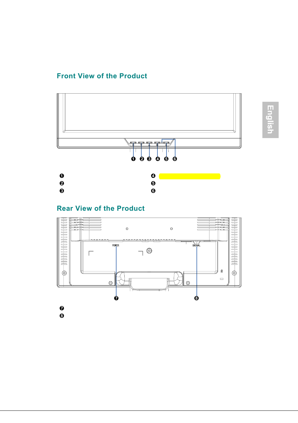 Front view of the product, Rear view of the product, English | Glish | AOC 197S-1 User Manual | Page 6 / 34