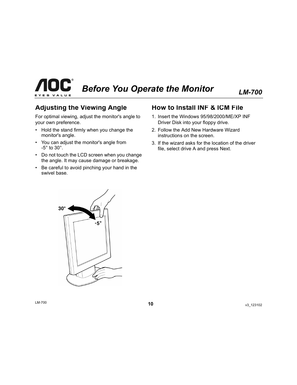 Before you operate the monitor, Lm-700, Adjusting the viewing angle | How to install inf & icm file | AOC LM-700 User Manual | Page 10 / 20
