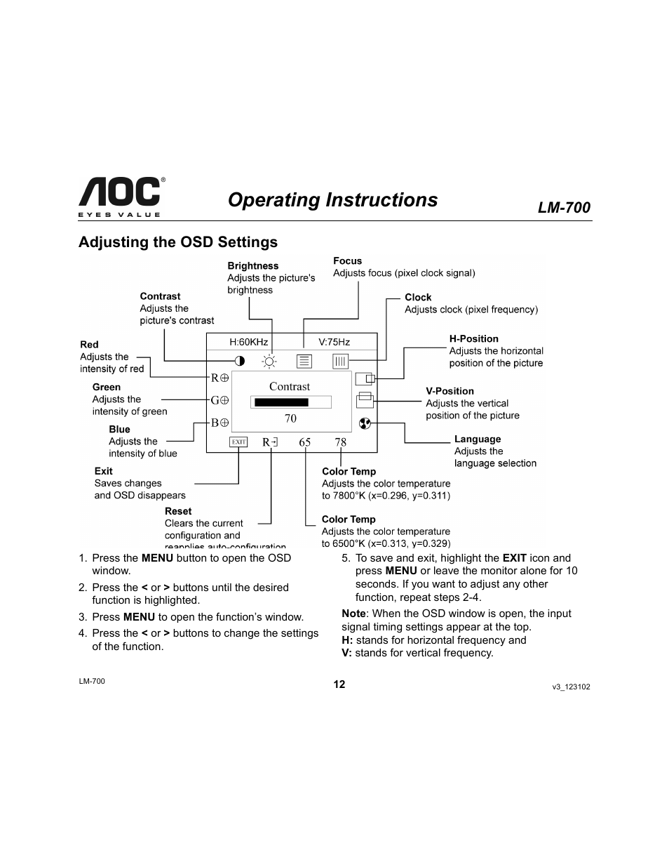 Operating instructions, Lm-700, Adjusting the osd settings | AOC LM-700 User Manual | Page 12 / 20