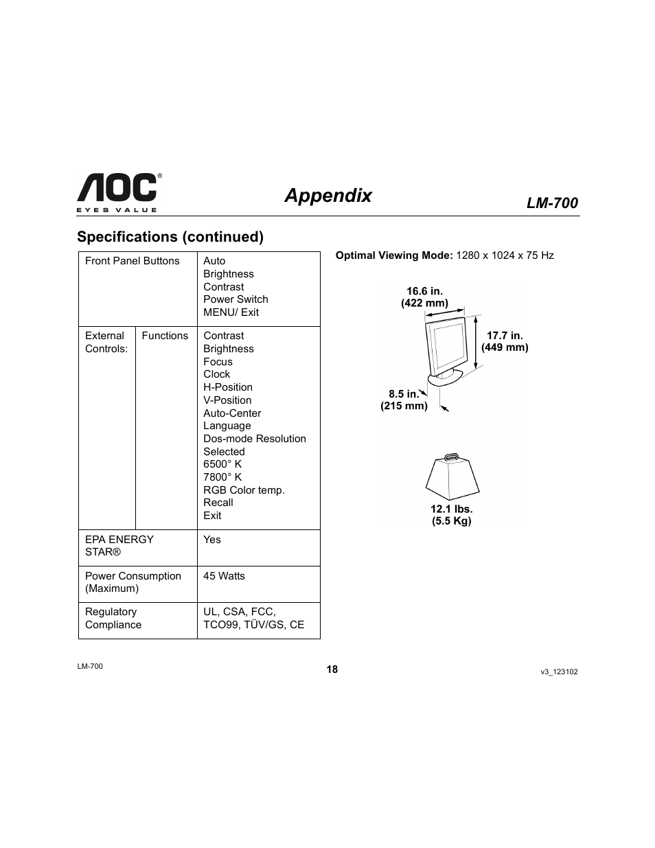 Appendix, Lm-700, Specifications (continued) | AOC LM-700 User Manual | Page 18 / 20