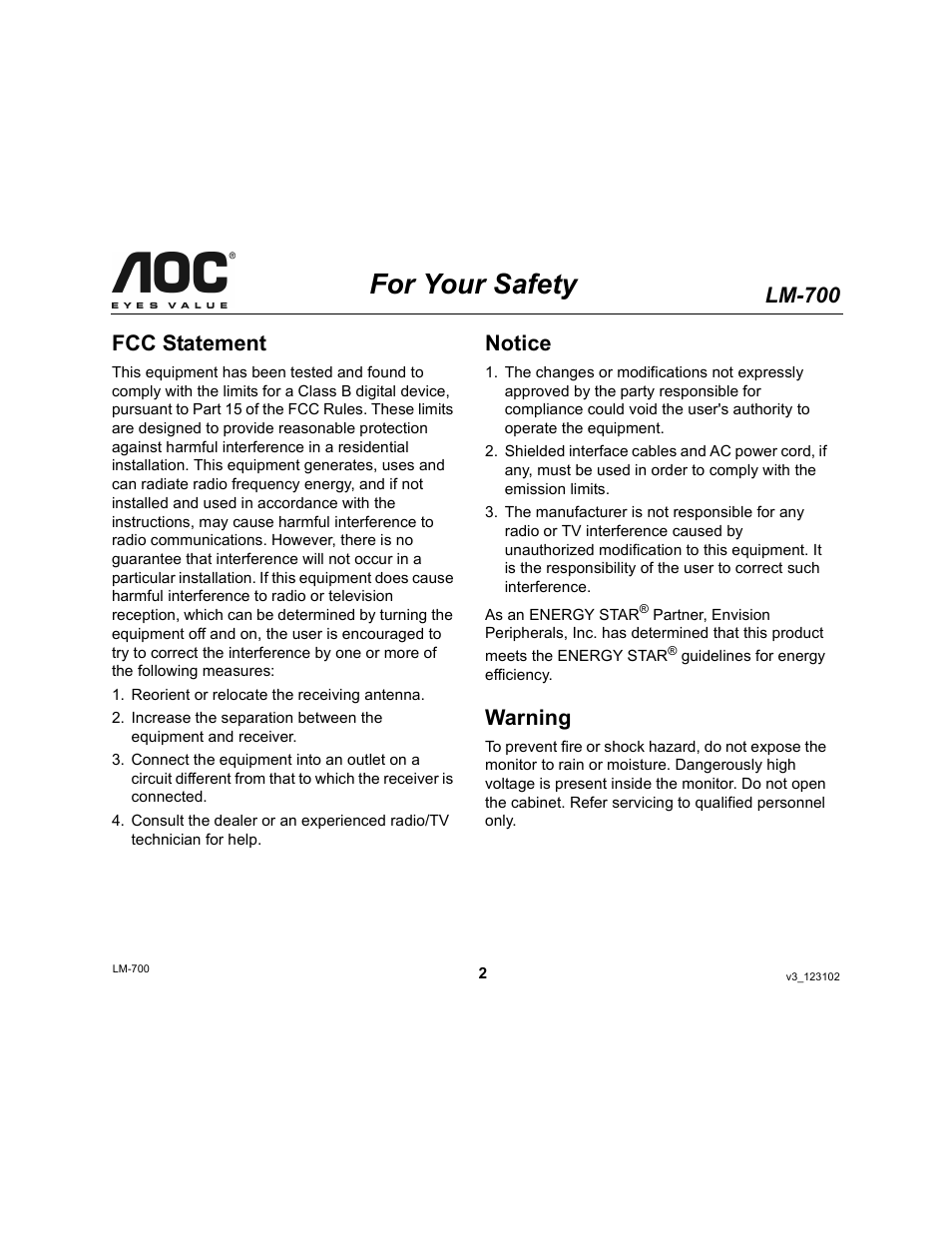 For your safety, Lm-700, Fcc statement | Notice, Warning | AOC LM-700 User Manual | Page 2 / 20