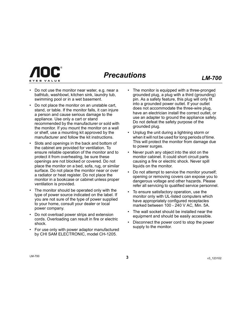 Precautions, Lm-700 | AOC LM-700 User Manual | Page 3 / 20