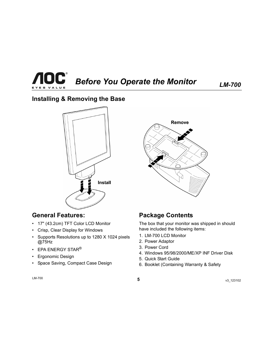 Before you operate the monitor, Lm-700, Installing & removing the base general features | Package contents | AOC LM-700 User Manual | Page 5 / 20