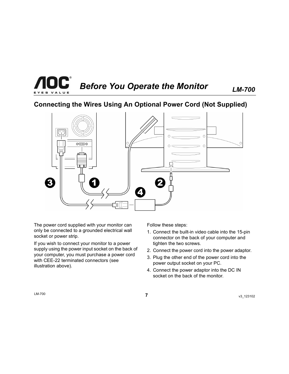 Before you operate the monitor, Lm-700 | AOC LM-700 User Manual | Page 7 / 20
