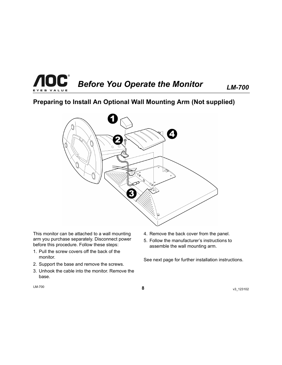 Before you operate the monitor, Lm-700 | AOC LM-700 User Manual | Page 8 / 20