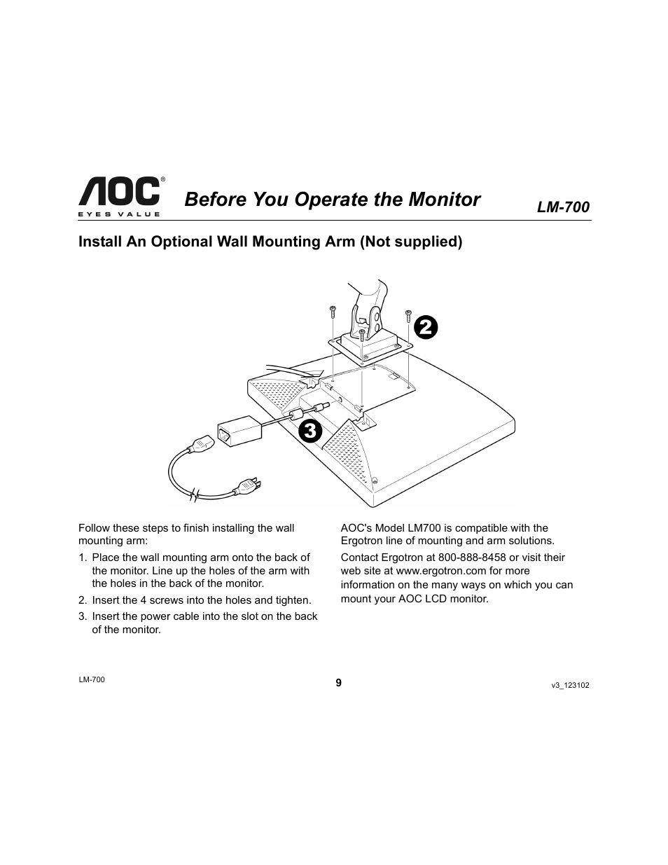 Before you operate the monitor, Lm-700 | AOC LM-700 User Manual | Page 9 / 20