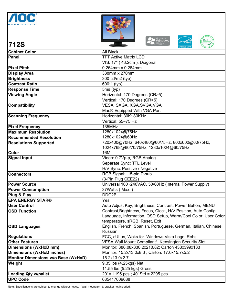 AOC 712S User Manual | 1 page