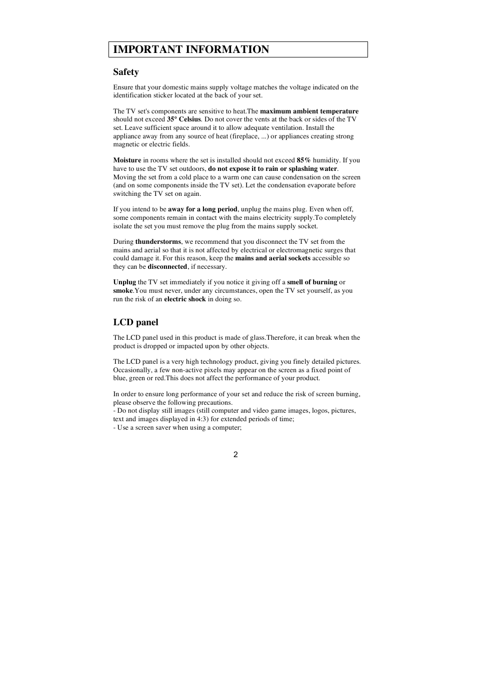 Important information, Safety, Lcd panel | AOC N27W551T User Manual | Page 3 / 21
