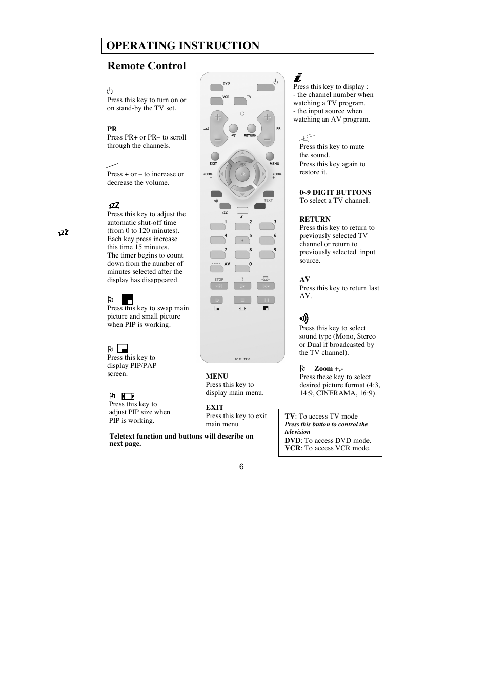 Operating instruction, Remote control | AOC N27W551T User Manual | Page 7 / 21
