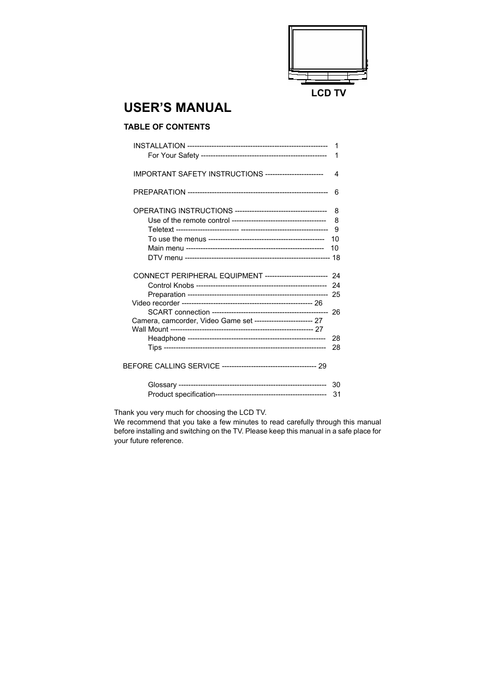User’s manual, Lcd tv | AOC L32W781B User Manual | Page 2 / 34