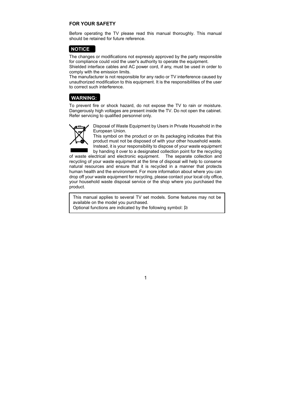1 for your safety, Notice, Warning | AOC L32W781B User Manual | Page 3 / 34