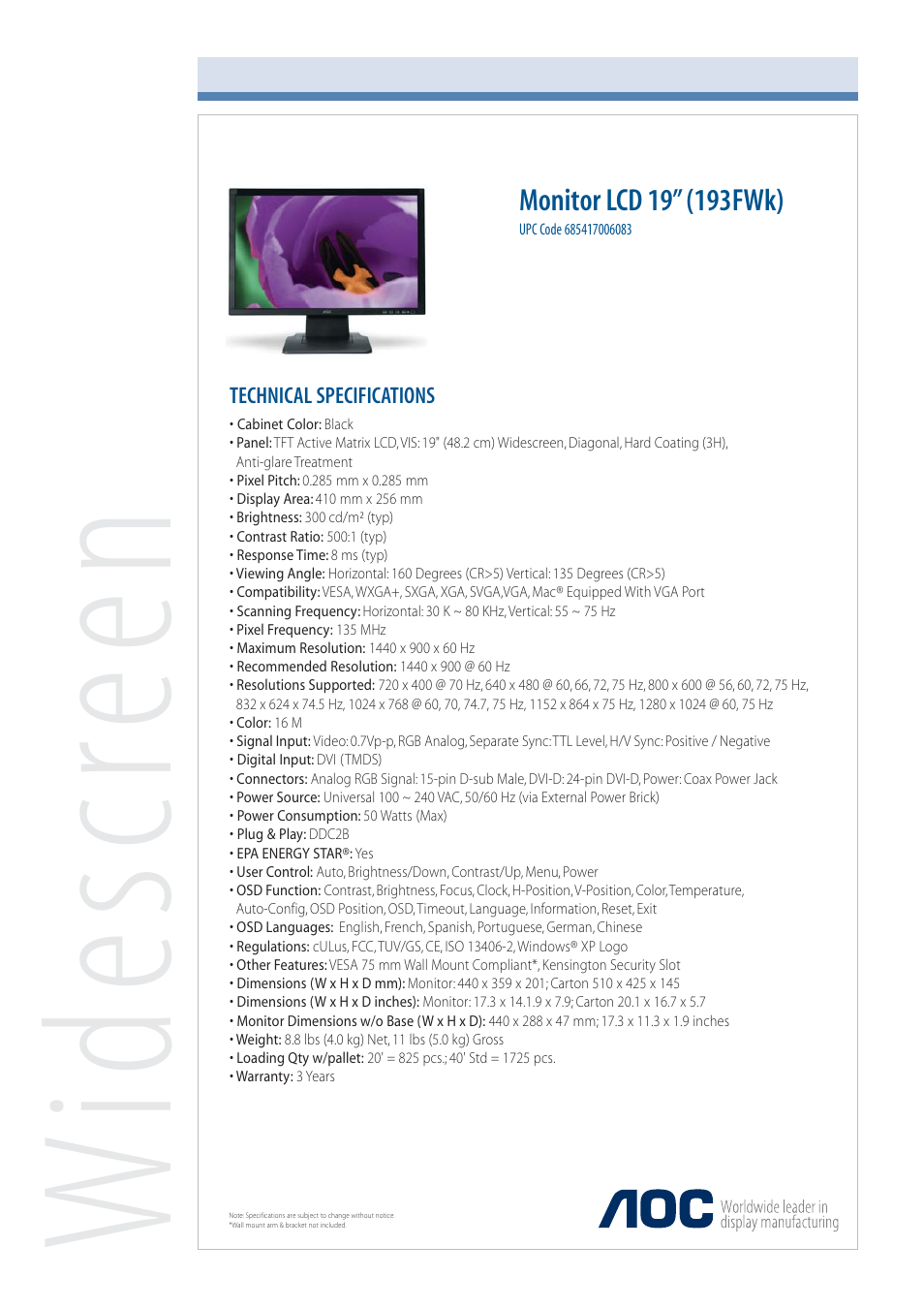 AOC 193FWK User Manual | 1 page