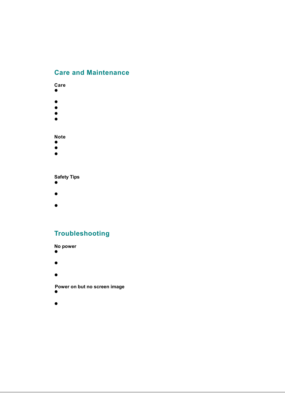 Care and maintenance, Troubleshooting | AOC 19LVWK User Manual | Page 13 / 14