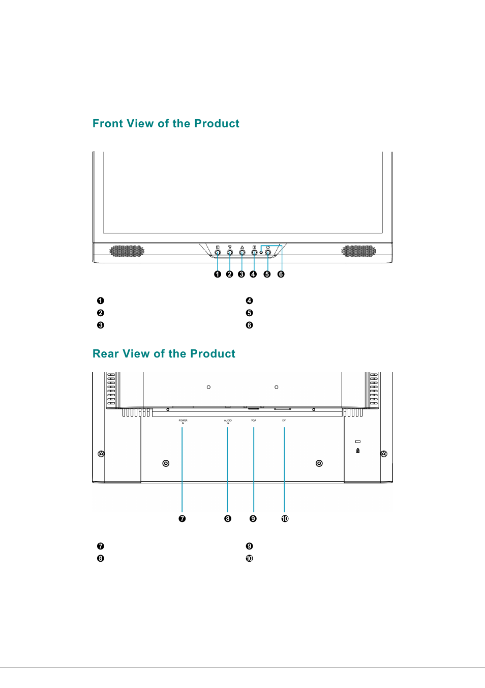 Front view of the product, Rear view of the product | AOC 19LVWK User Manual | Page 7 / 14