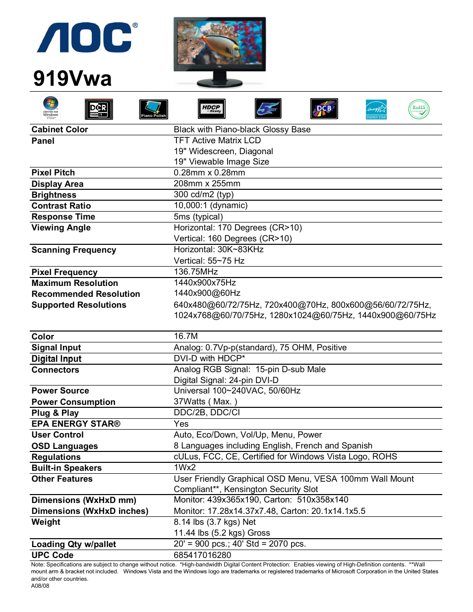 AOC 919Vwa User Manual | 1 page