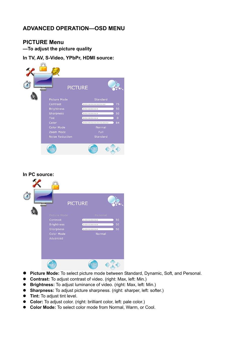 Advanced operation—osd menu, Picture menu | AOC Envision Series L22H998 User Manual | Page 26 / 40