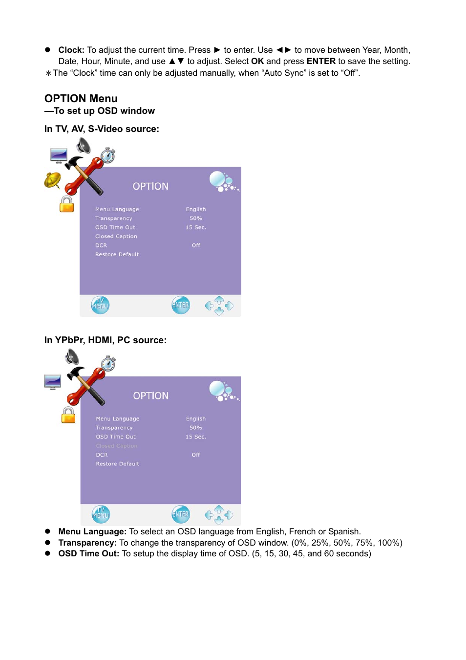 Option menu | AOC Envision Series L22H998 User Manual | Page 29 / 40