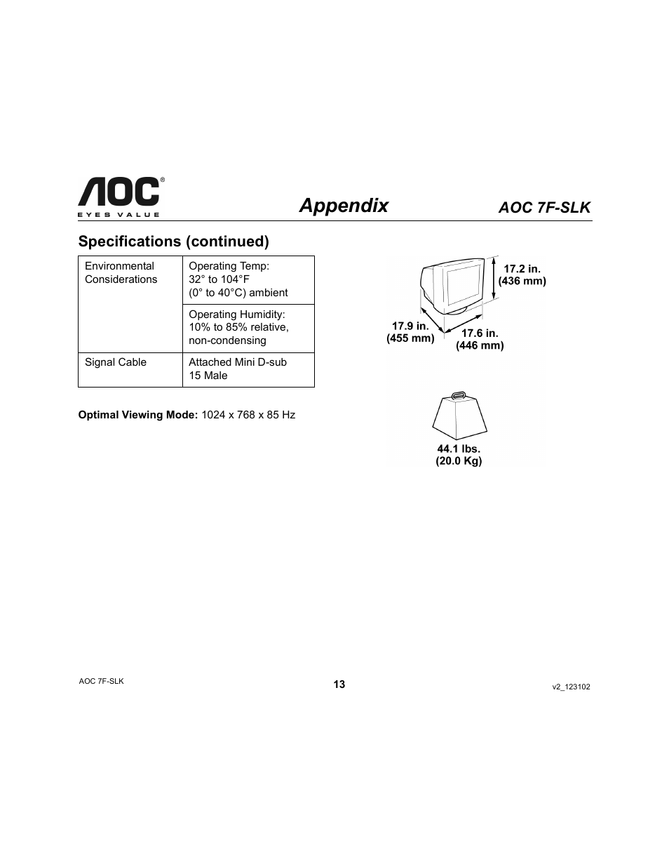 Appendix, Aoc 7f-slk, Specifications (continued) | AOC 7F-SLK User Manual | Page 13 / 17