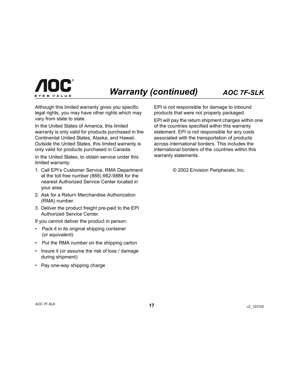 Warranty (continued), Aoc 7f-slk | AOC 7F-SLK User Manual | Page 17 / 17