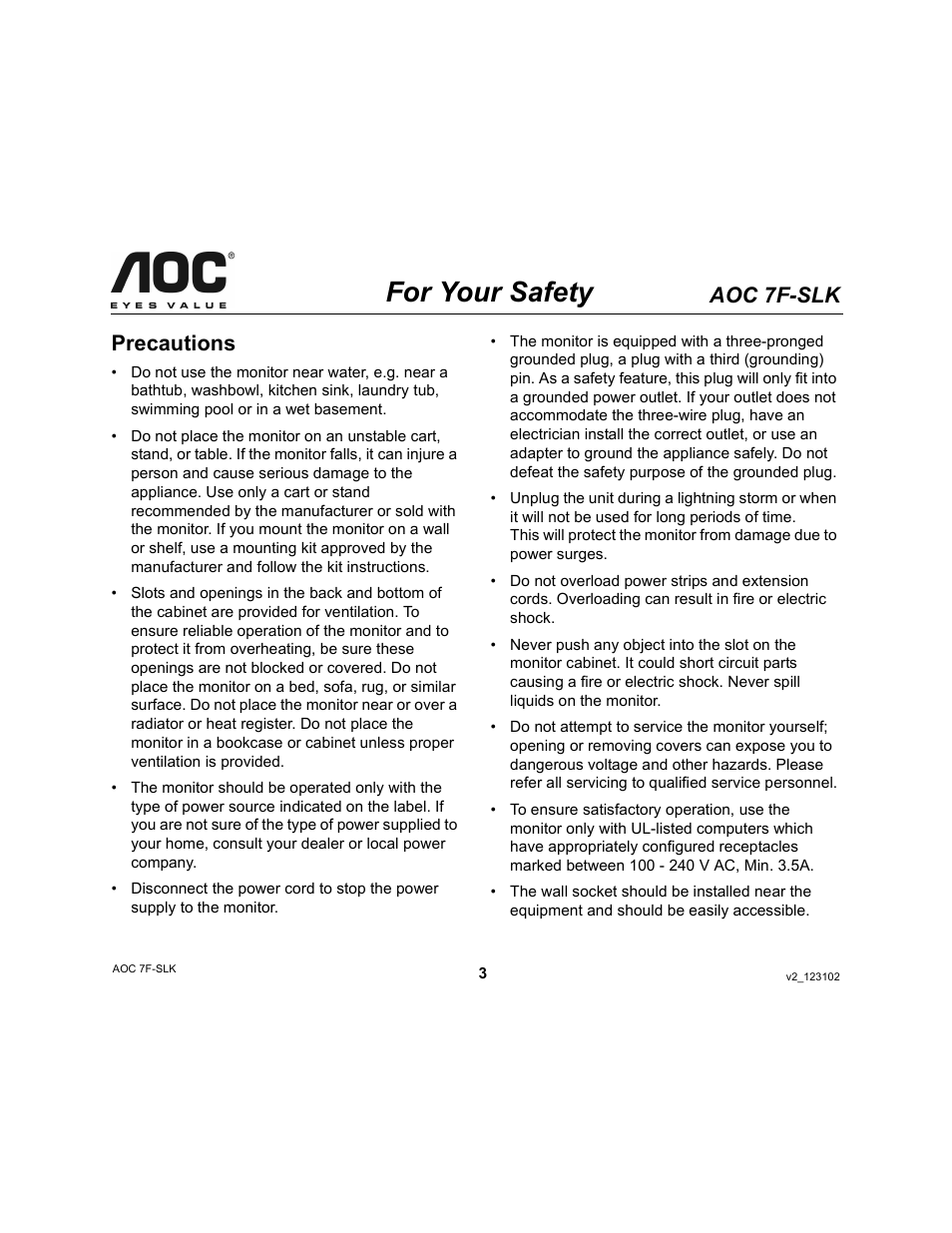 For your safety, Aoc 7f-slk, Precautions | AOC 7F-SLK User Manual | Page 3 / 17