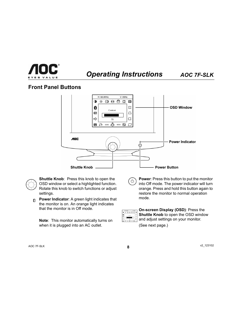 Operating instructions, Aoc 7f-slk, Front panel buttons | AOC 7F-SLK User Manual | Page 8 / 17