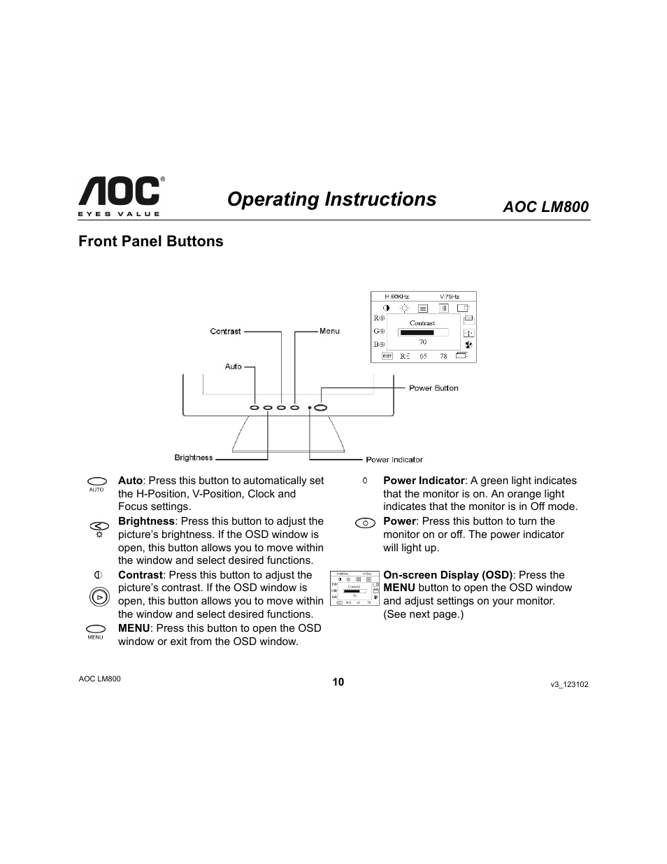 Operating instructions, Aoc lm800, Front panel buttons | AOC LM800 User Manual | Page 10 / 19