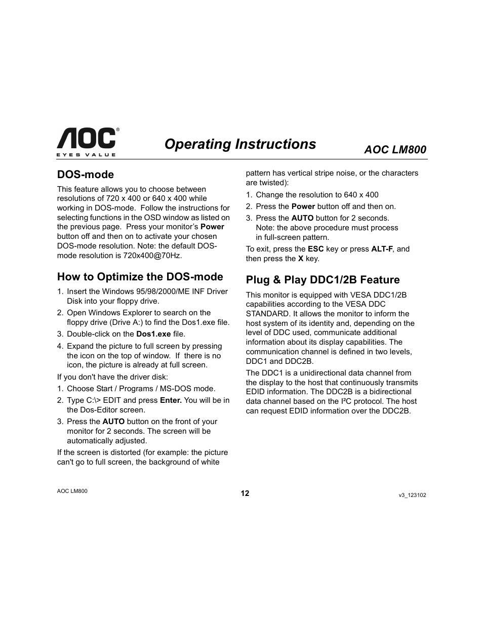 Operating instructions, Aoc lm800, Dos-mode | How to optimize the dos-mode, Plug & play ddc1/2b feature | AOC LM800 User Manual | Page 12 / 19