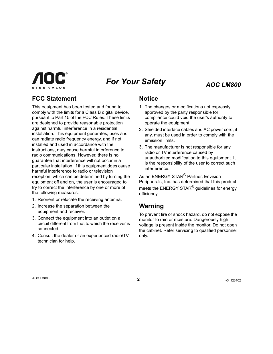 For your safety, Aoc lm800, Fcc statement | Notice, Warning | AOC LM800 User Manual | Page 2 / 19