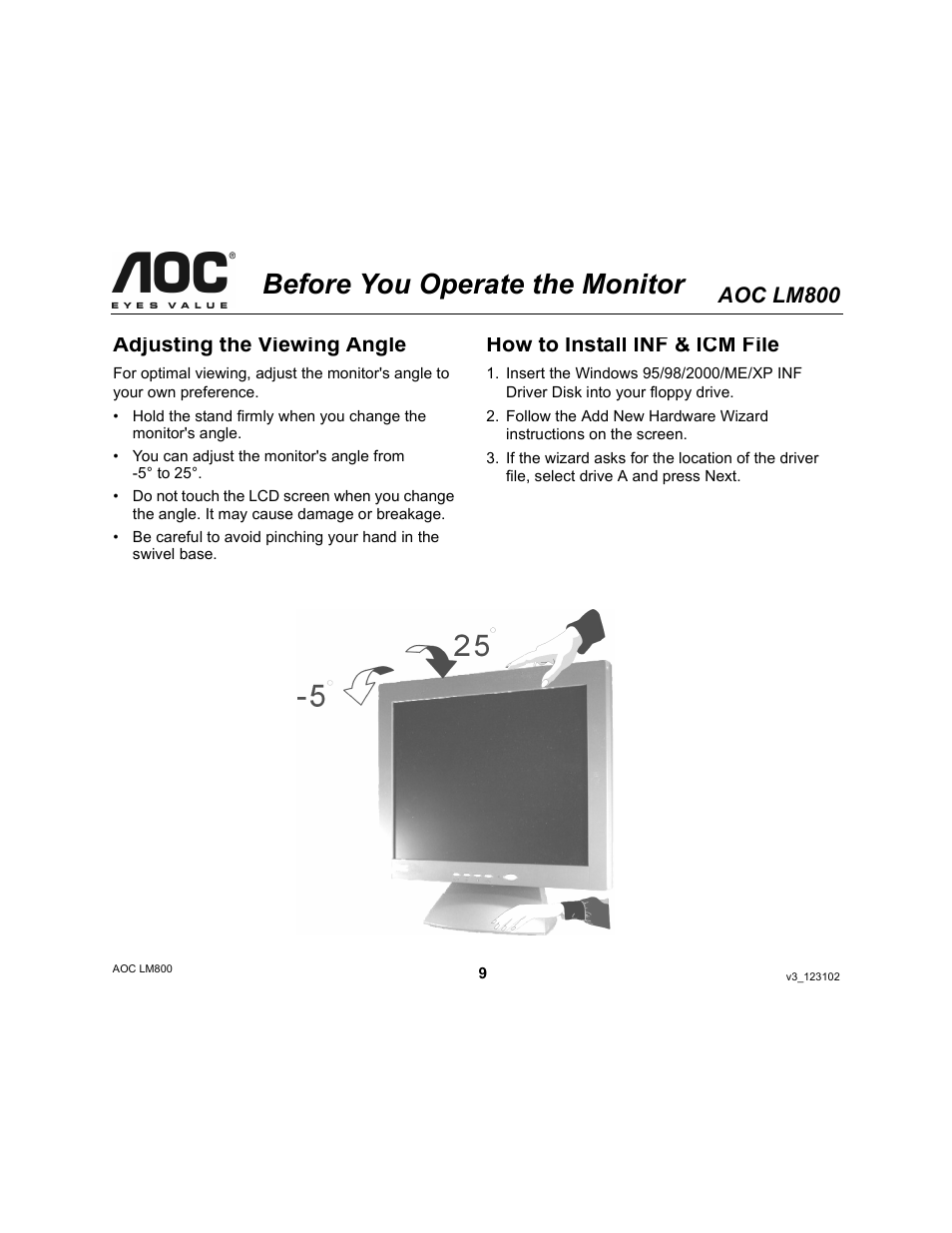 Before you operate the monitor, Aoc lm800, Adjusting the viewing angle | How to install inf & icm file | AOC LM800 User Manual | Page 9 / 19