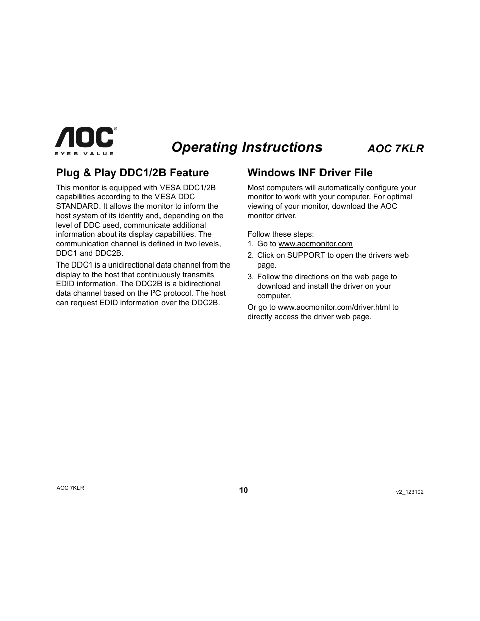 Operating instructions, Aoc 7klr, Plug & play ddc1/2b feature | Windows inf driver file | AOC 7KLR User Manual | Page 10 / 15