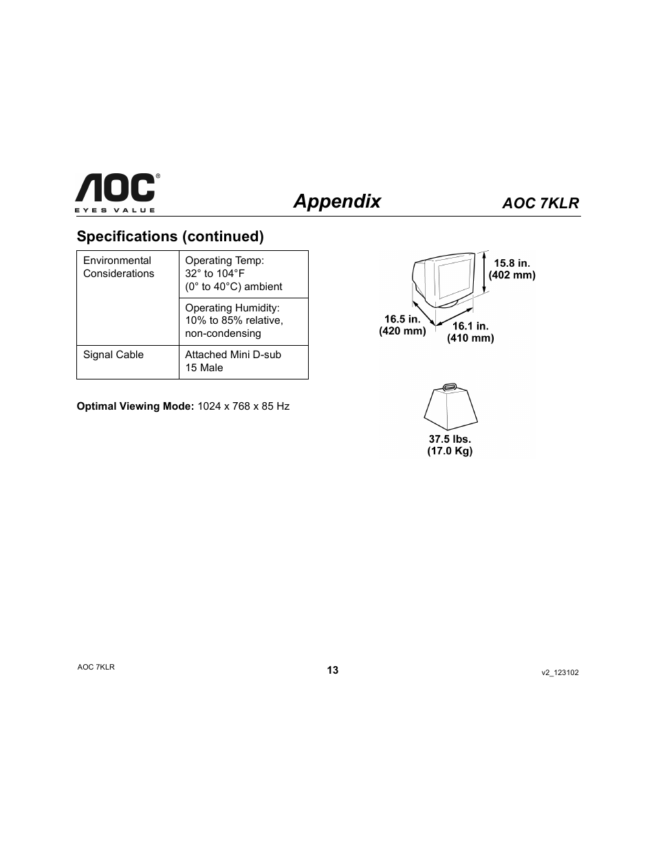 Appendix, Aoc 7klr, Specifications (continued) | AOC 7KLR User Manual | Page 13 / 15