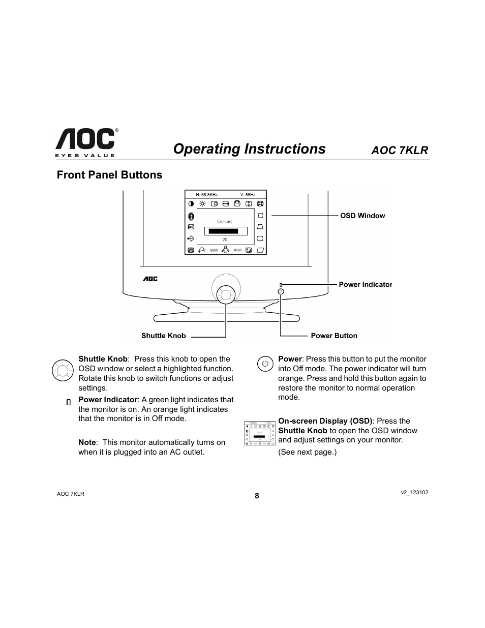 Operating instructions, Aoc 7klr, Front panel buttons | AOC 7KLR User Manual | Page 8 / 15