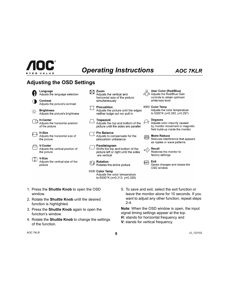 Operating instructions, Aoc 7klr, Adjusting the osd settings | AOC 7KLR User Manual | Page 9 / 15