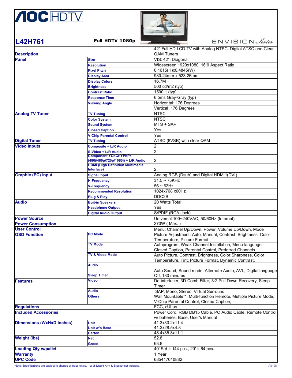 AOC L42H761 User Manual | 1 page