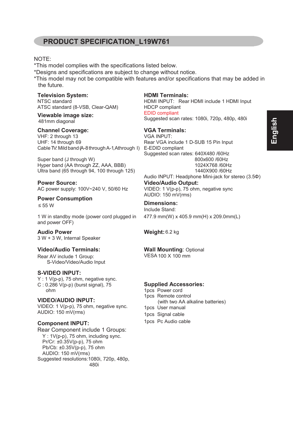 English | AOC L19W761 User Manual | Page 22 / 26