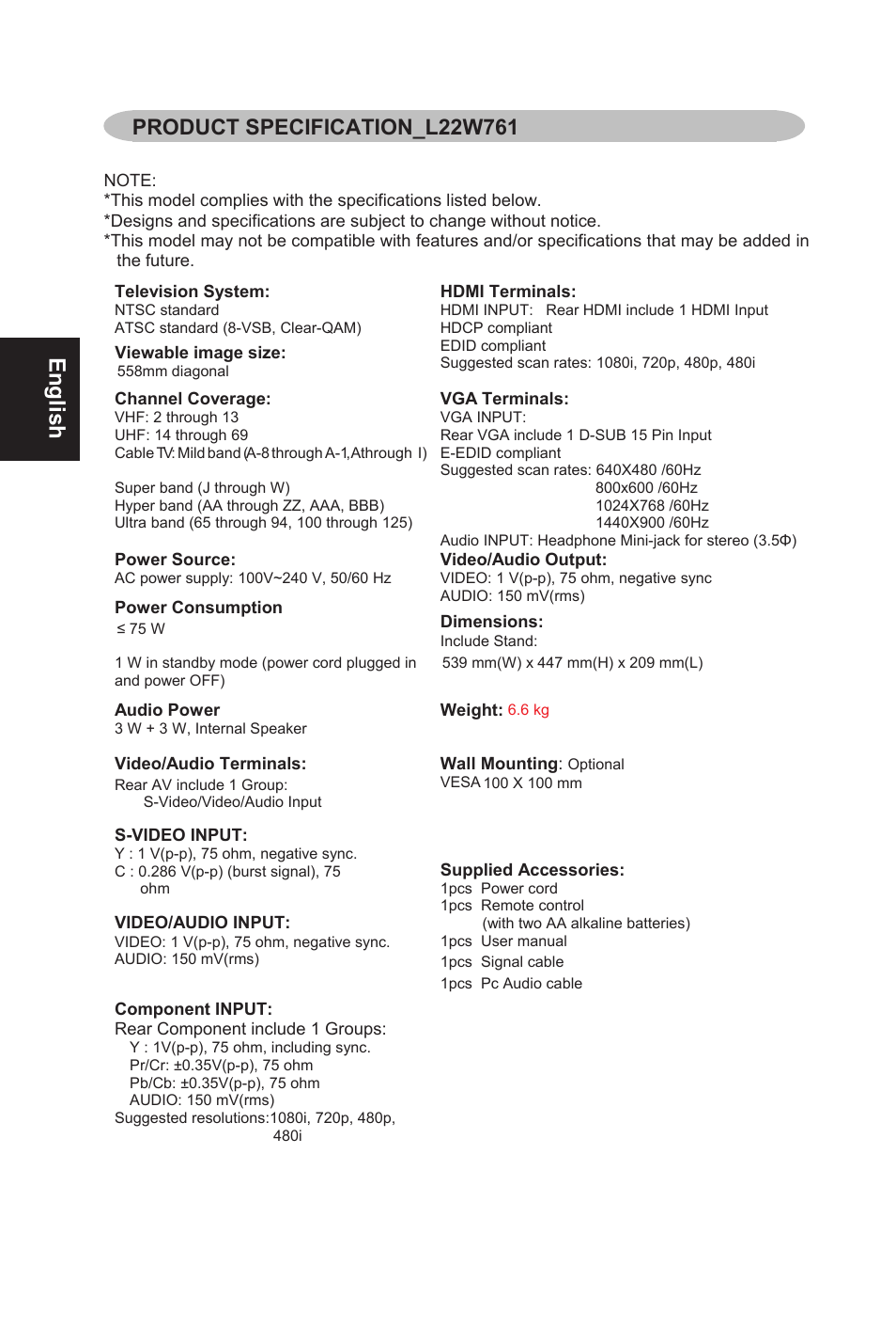 English | AOC L19W761 User Manual | Page 23 / 26