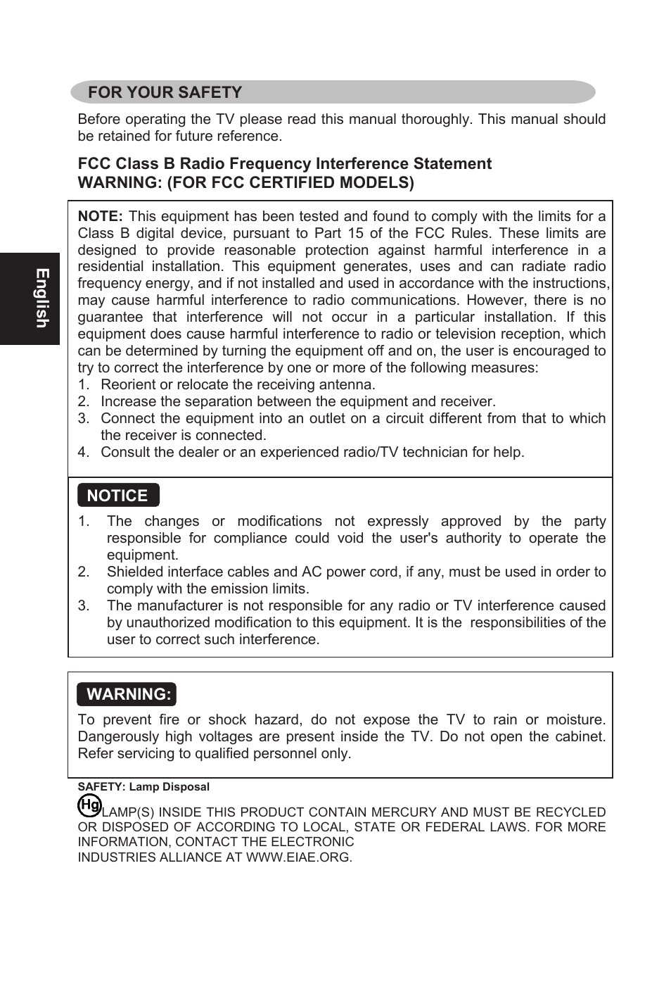 English, For your safety, Notice | Warning | AOC L19W761 User Manual | Page 3 / 26