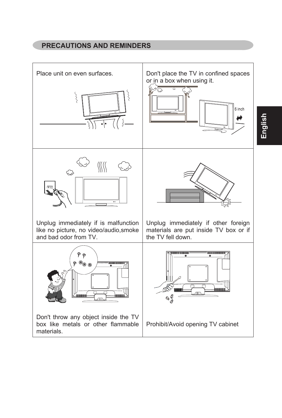 English, Precautions and reminders | AOC L19W761 User Manual | Page 4 / 26