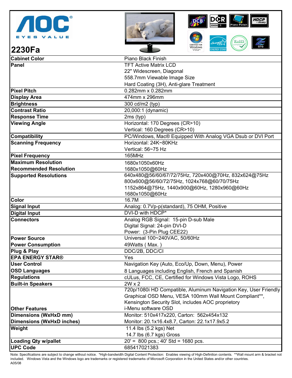 AOC 2230Fa User Manual | 1 page