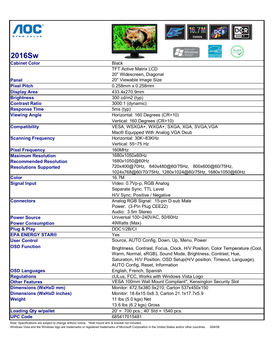 AOC 2016Sw User Manual | 1 page