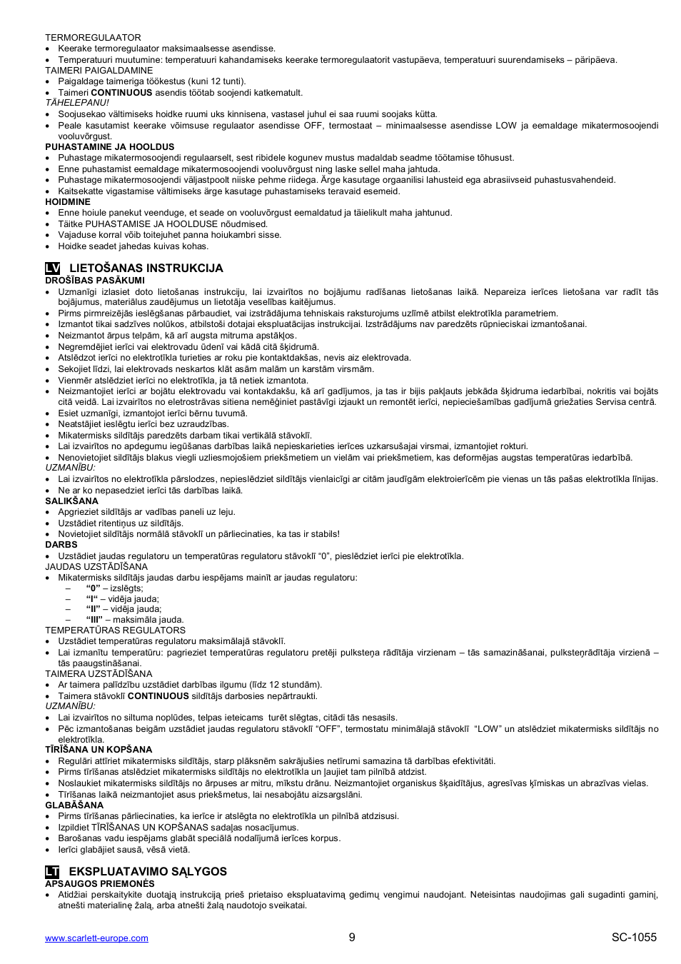 Lv lieto anas instrukcija, Lt ekspluatavimo s lygos | Scarlett SC-1055 User Manual | Page 9 / 13