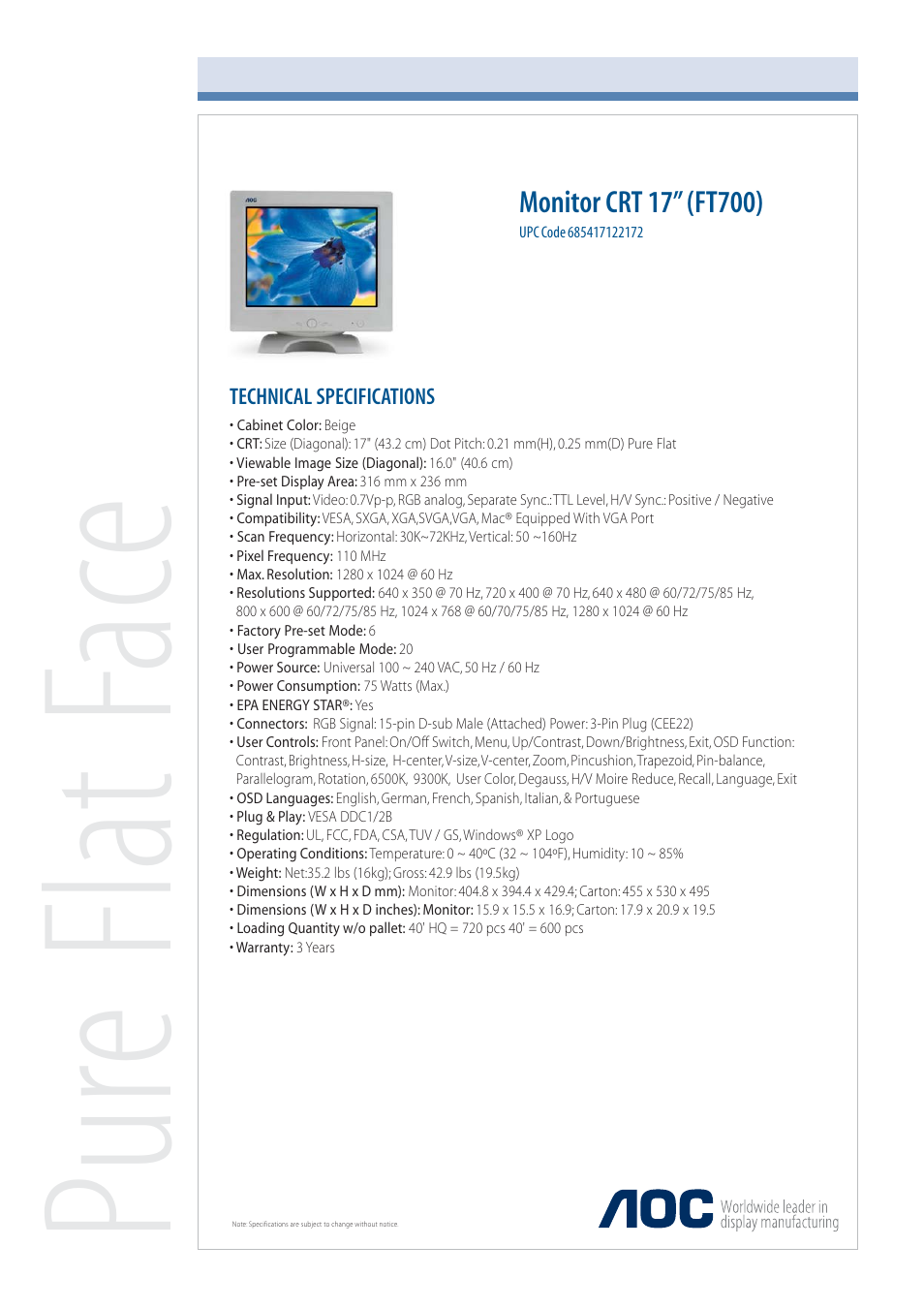 AOC 17" FT700 User Manual | 1 page