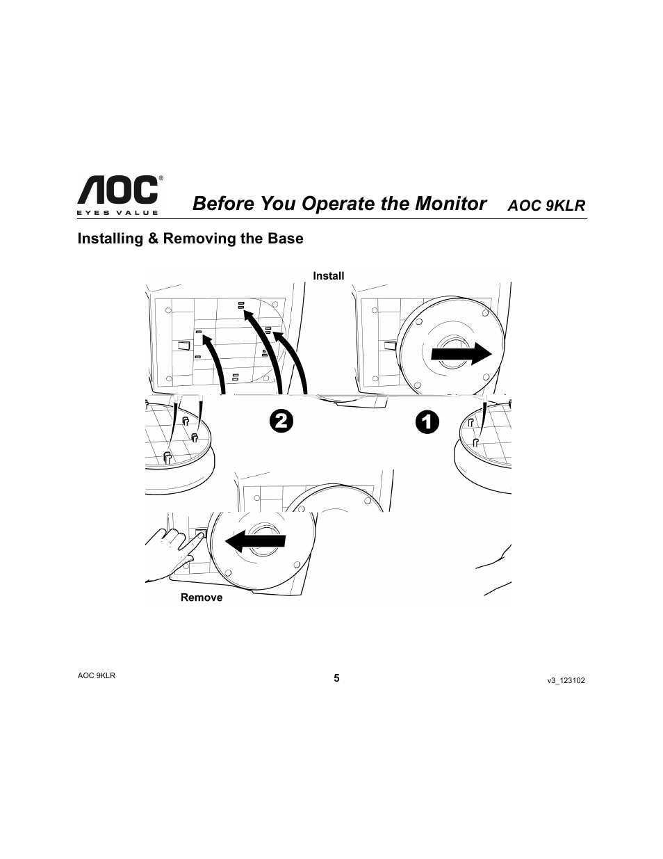 Before you operate the monitor, Aoc 9klr, Installing & removing the base | AOC 9KLR User Manual | Page 5 / 15