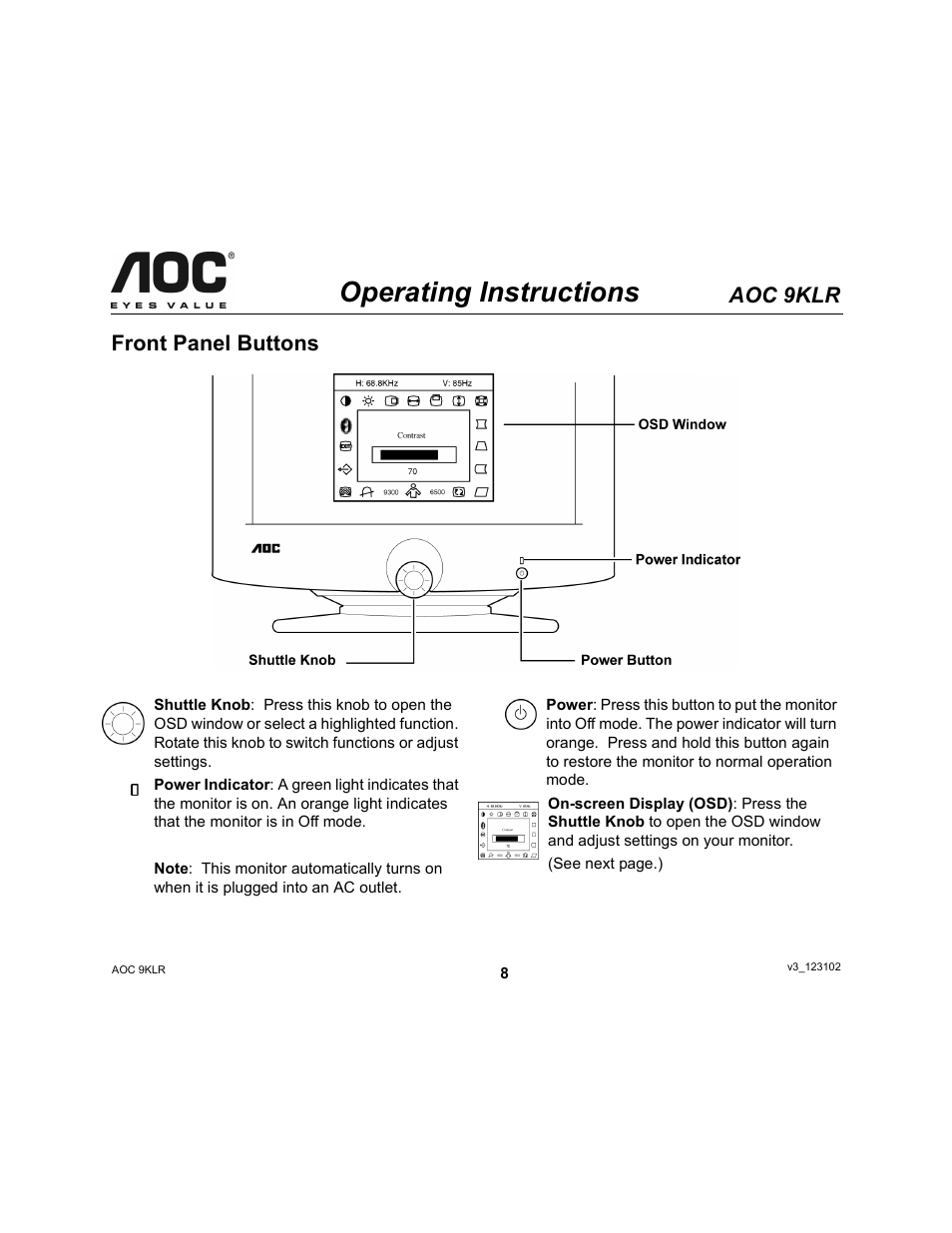 Operating instructions, Aoc 9klr, Front panel buttons | AOC 9KLR User Manual | Page 8 / 15