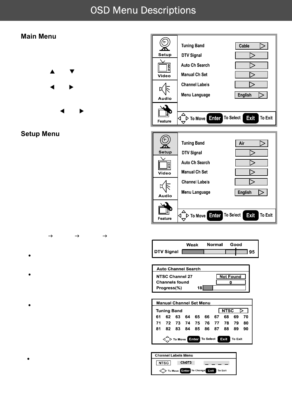 Osd menu descriptions | AOC A42W64AT4 User Manual | Page 12 / 19