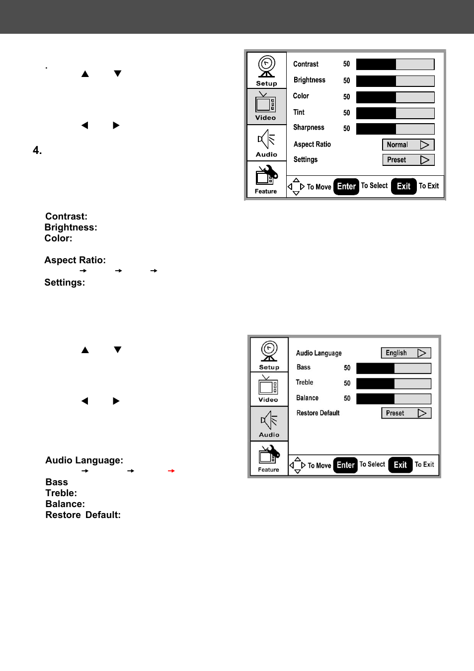 Osd menu descriptions | AOC A42W64AT4 User Manual | Page 13 / 19