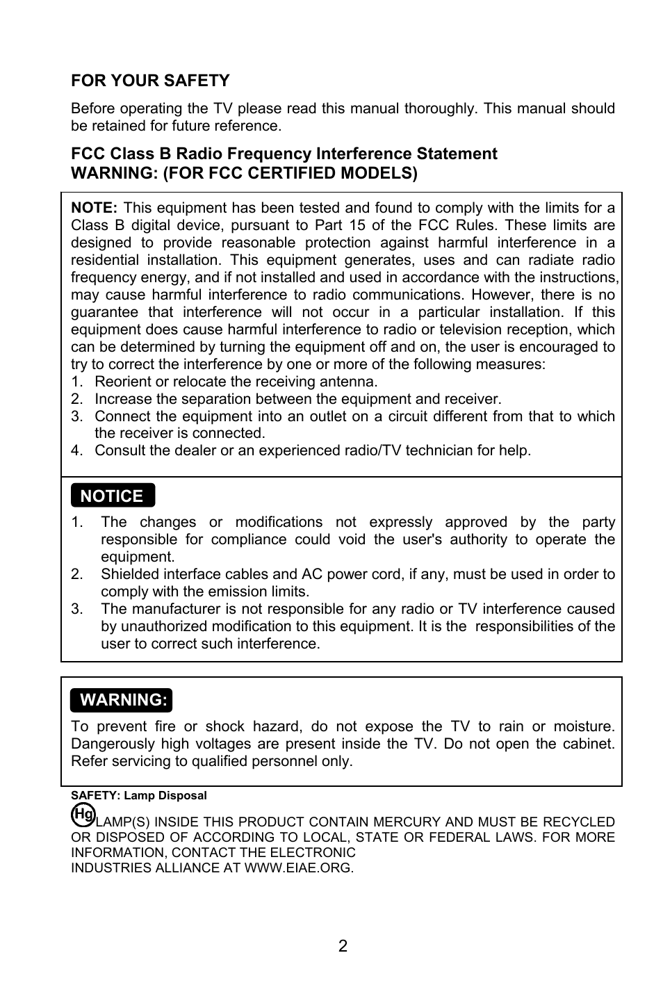 2 for your safety, Notice, Warning | AOC L32W861 User Manual | Page 4 / 43
