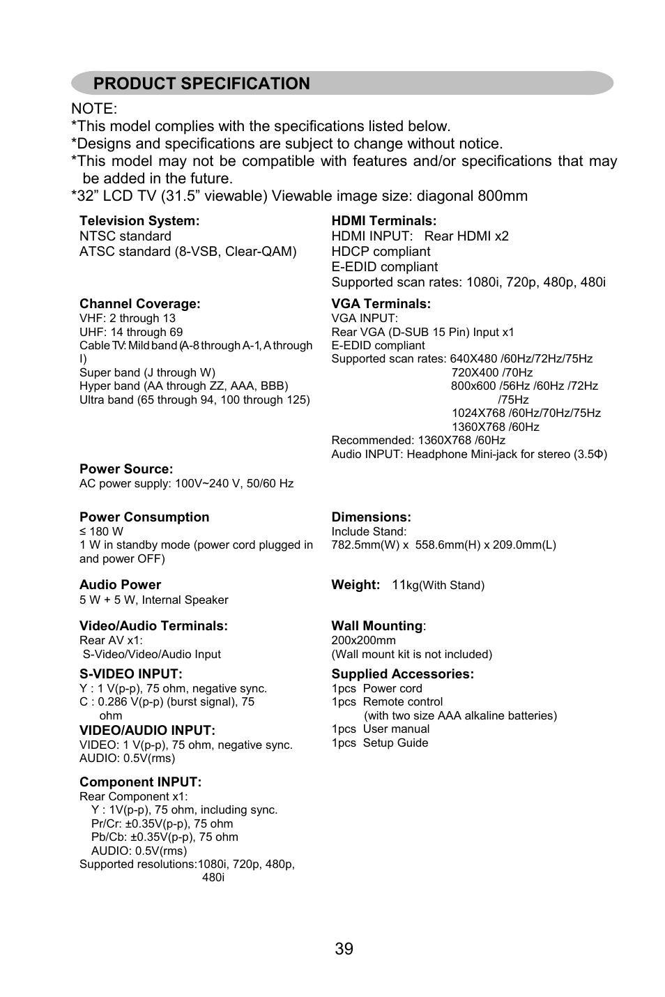 Product specification | AOC L32W861 User Manual | Page 41 / 43