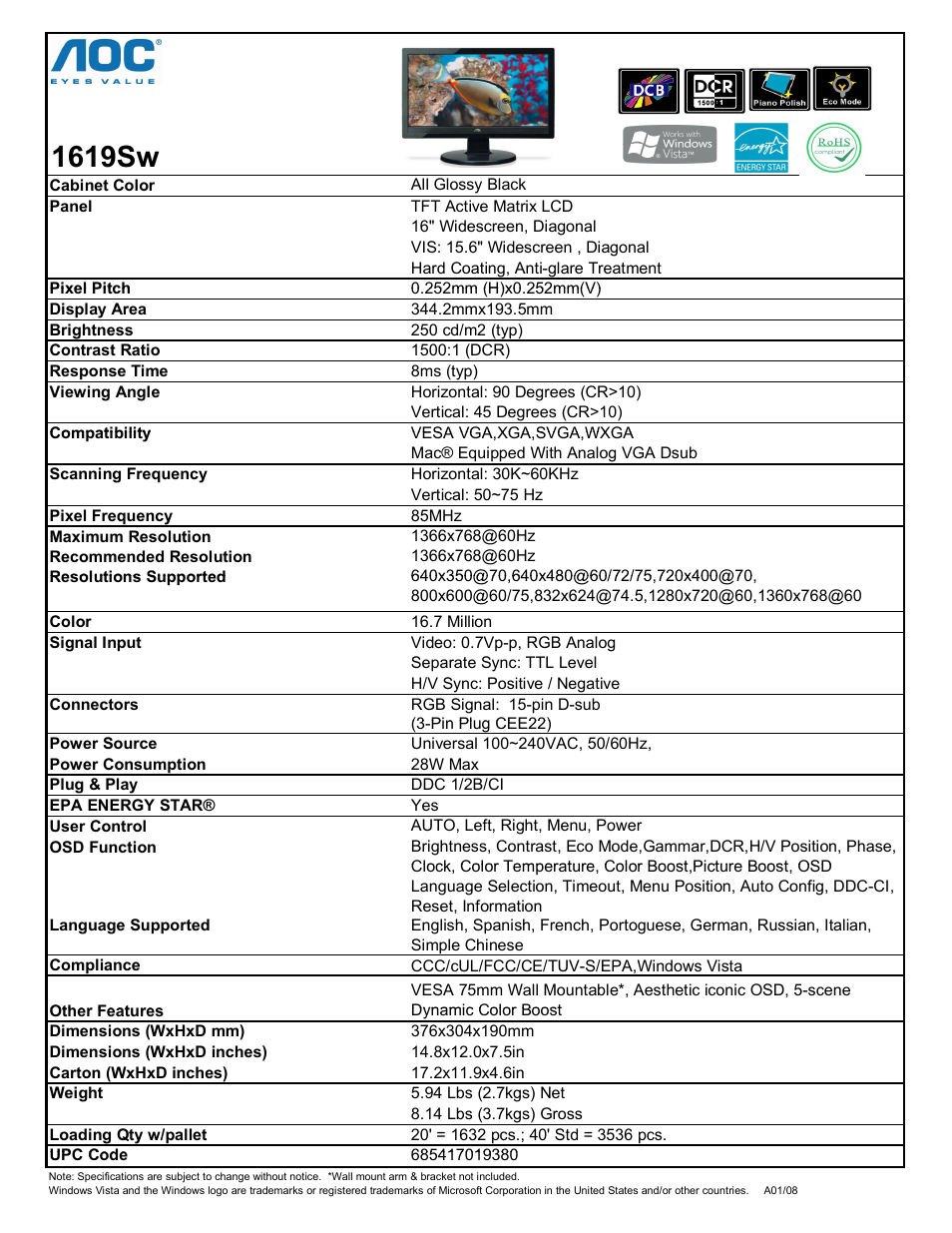 AOC 1619Sw User Manual | 1 page