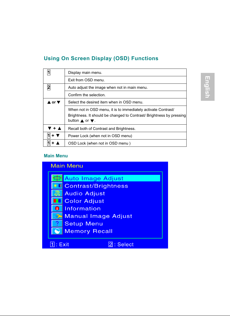 Using on screen display (osd) functions, Main menu, Rear view of the product | English | AOC 718Swag-1 User Manual | Page 10 / 57